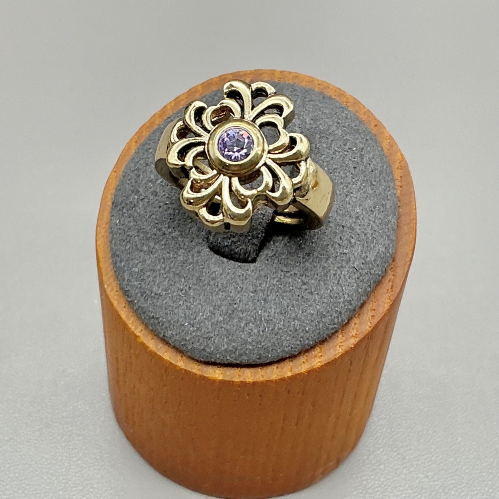 Flower Ring Women Gold Tone Purple Rhinestone Floral Statement Costume Size 7.5